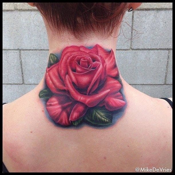 3D Rose Tattoo On Girl Back Neck