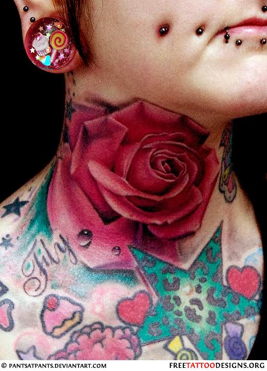 3D Rose Tattoo On Girl Front Neck