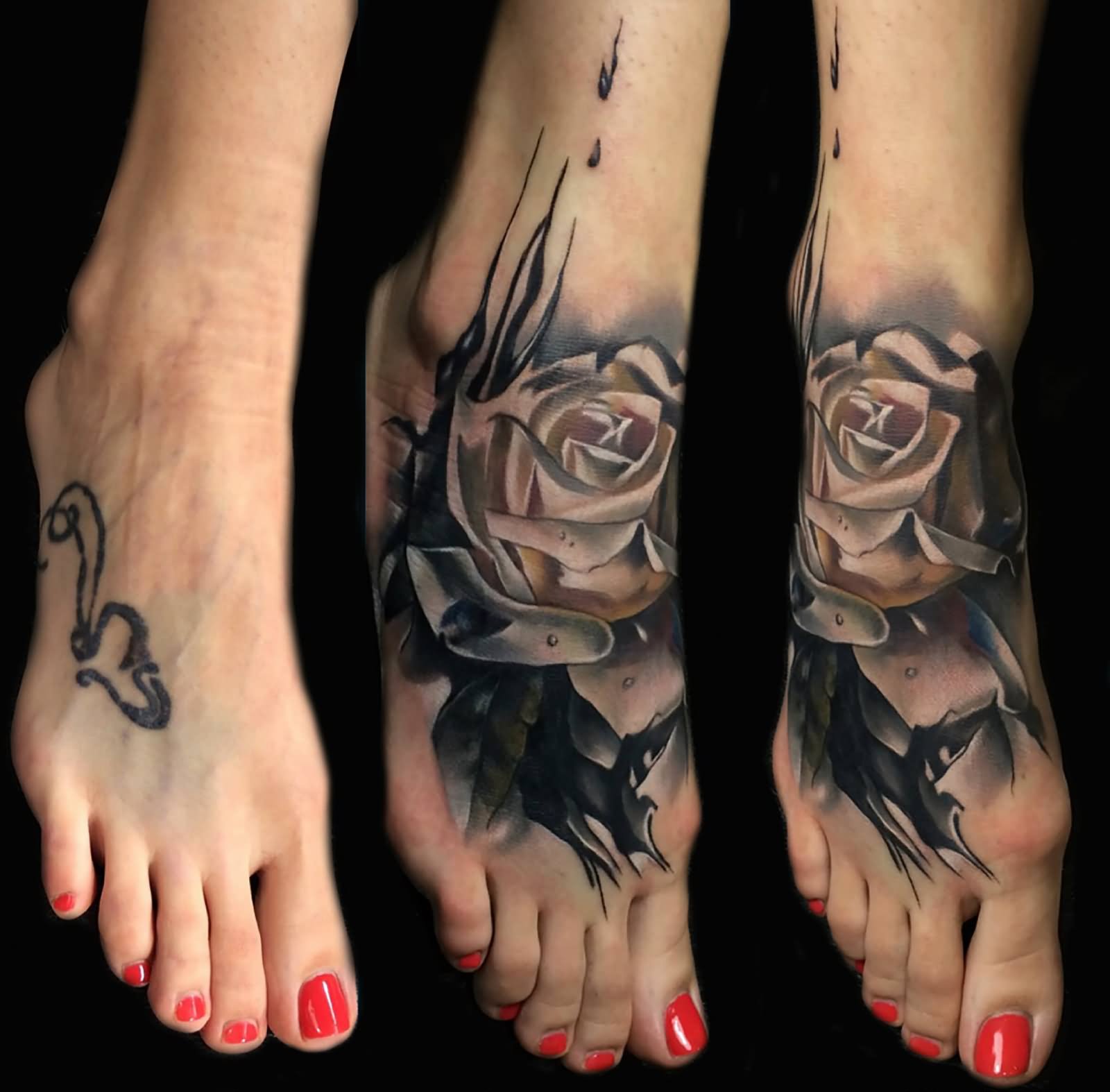 3D Rose Tattoo On Girl Right Foot By Sebastian Nowacki