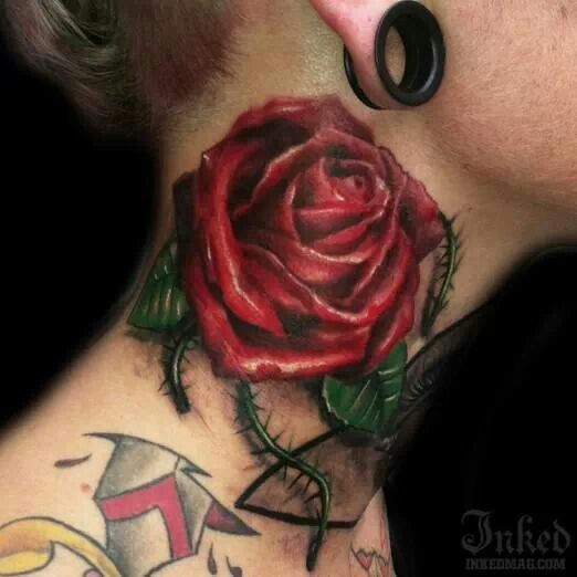 3D Rose Tattoo On Girl Side Neck