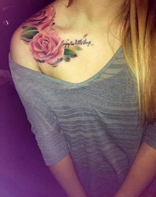 3D Roses Tattoo On Girl Collar Bone