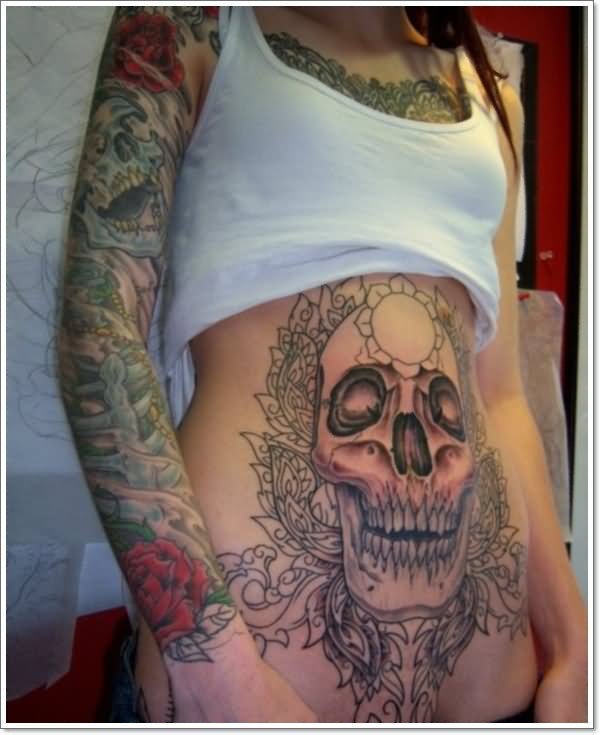 3D Skull Tattoo On Girl Stomach