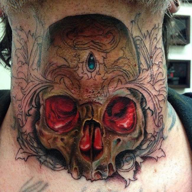 3D Skull Tattoo On Man Neck