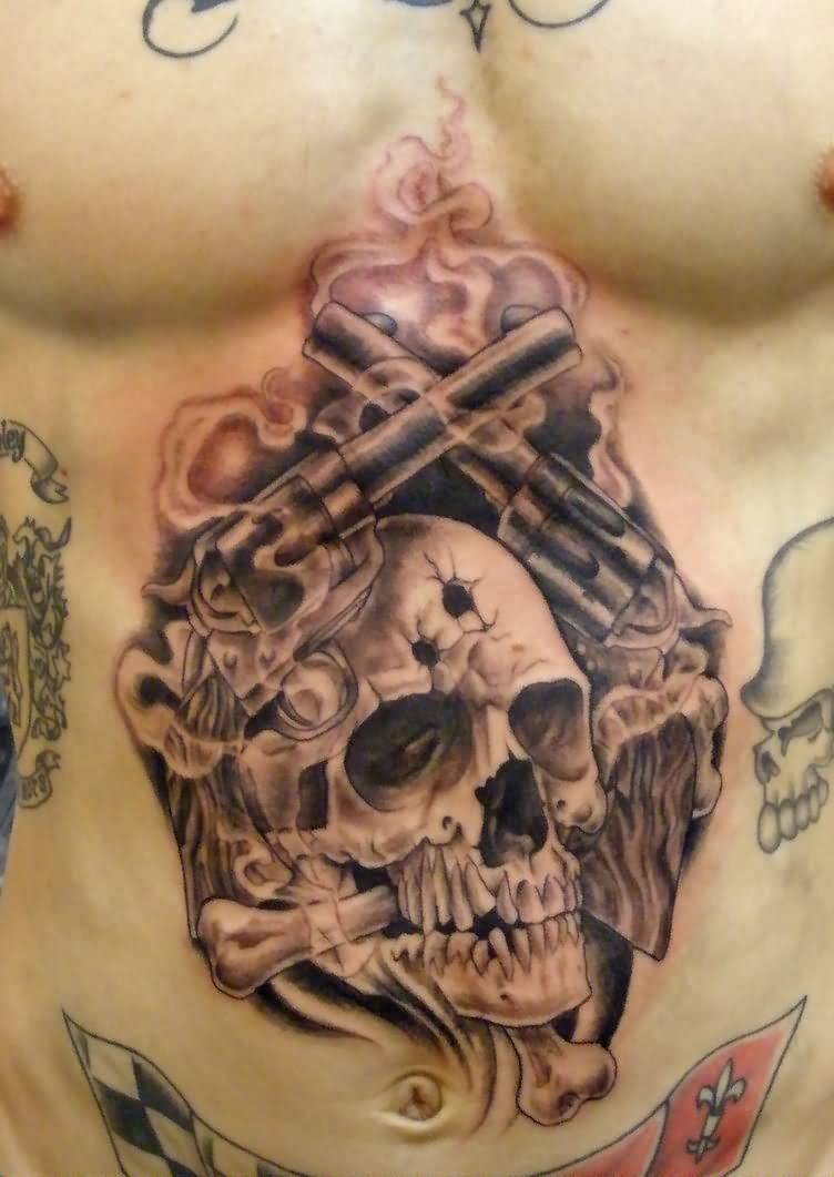 3D Skull With Two Crossing Guns Tattoo On Stomach