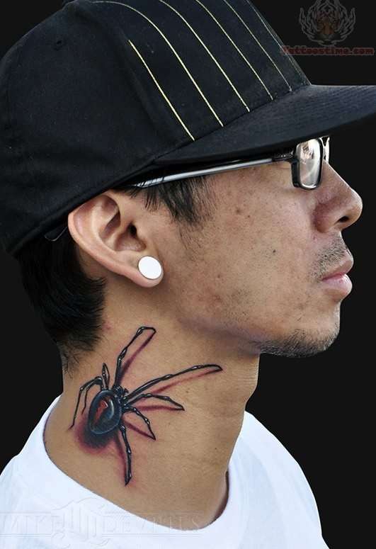 3D Spider Tattoo On Man Side Neck