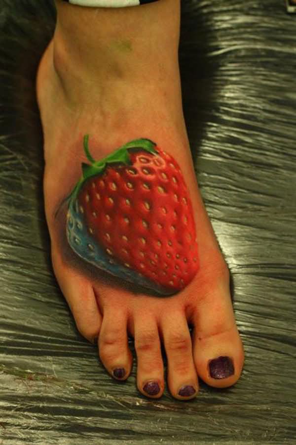 3D Strawberry Tattoo On Girl Right Foot