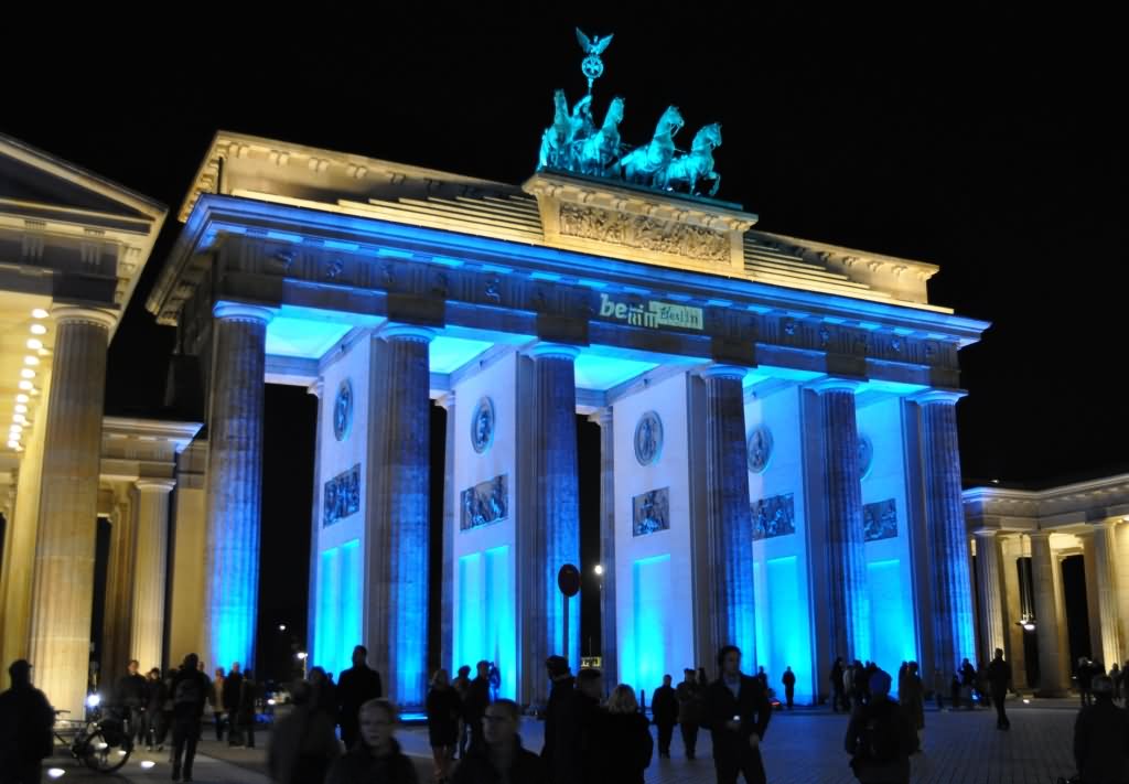 Adorable Blue Lights On The Brandenburg Gate At Night In Berlin