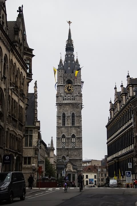 Adorable Front View Of The Belfry of Ghent In Belgium
