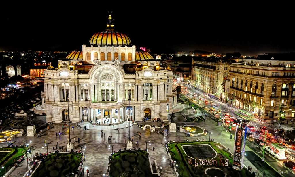 Aerial View Of Palacio de Bellas Artes At Night