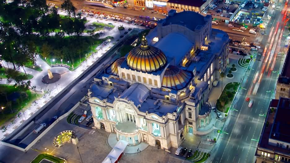 Aerial View Of The Palacio de Bellas Artes Lit Up At Night
