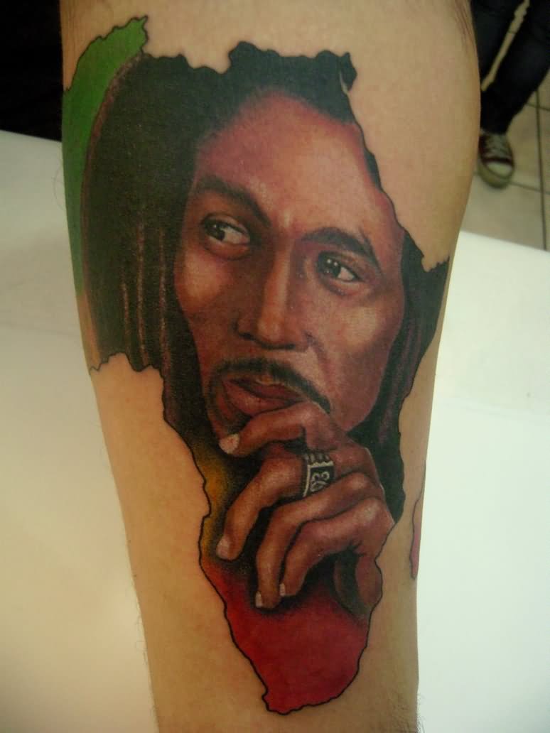 African Map And Bob Marley Tattoo On Leg by Patoink
