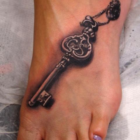 Amazing 3D Key Tattoo On Girl Left Foot