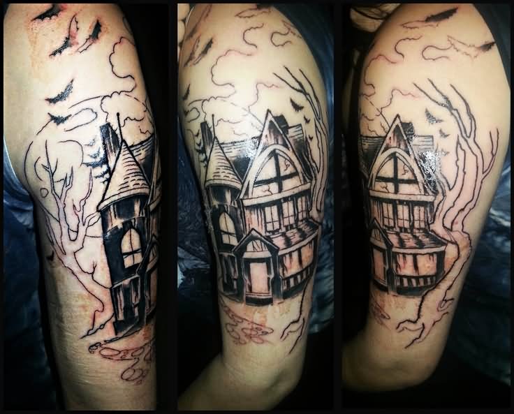 Amazing Black And Grey Haunted House Tattoo On Left Bicep