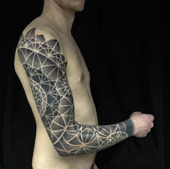 Amazing Black Ink Dotwork Tattoo On Man Right Full Sleeve By Helsinki