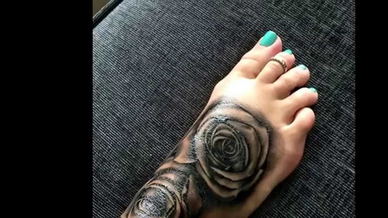 Amazing Black Ink Roses Tattoo On Girl Right Foot