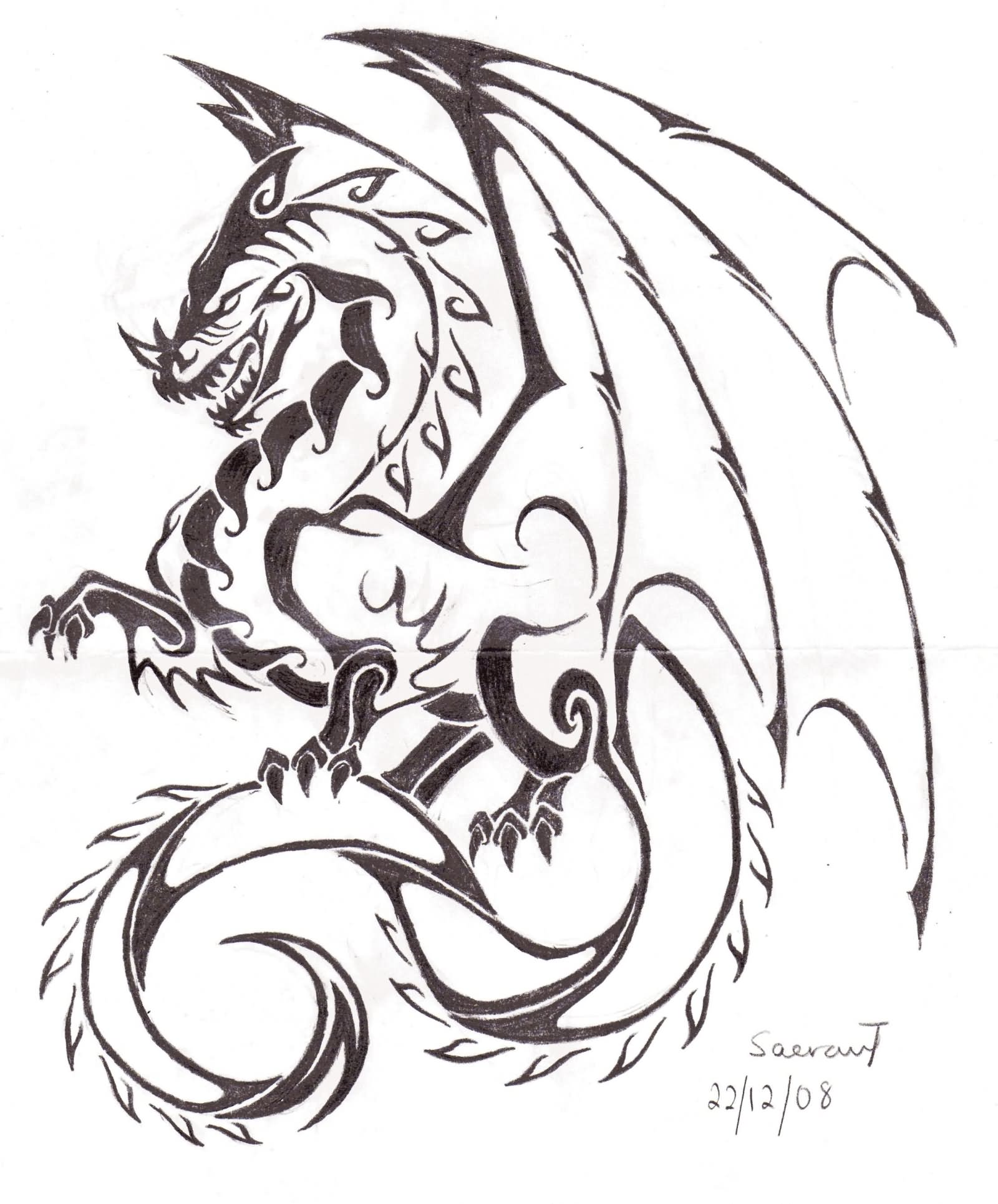 Amazing Black Outline Gothic Dragon Tattoo Stencil By Rachel Hart