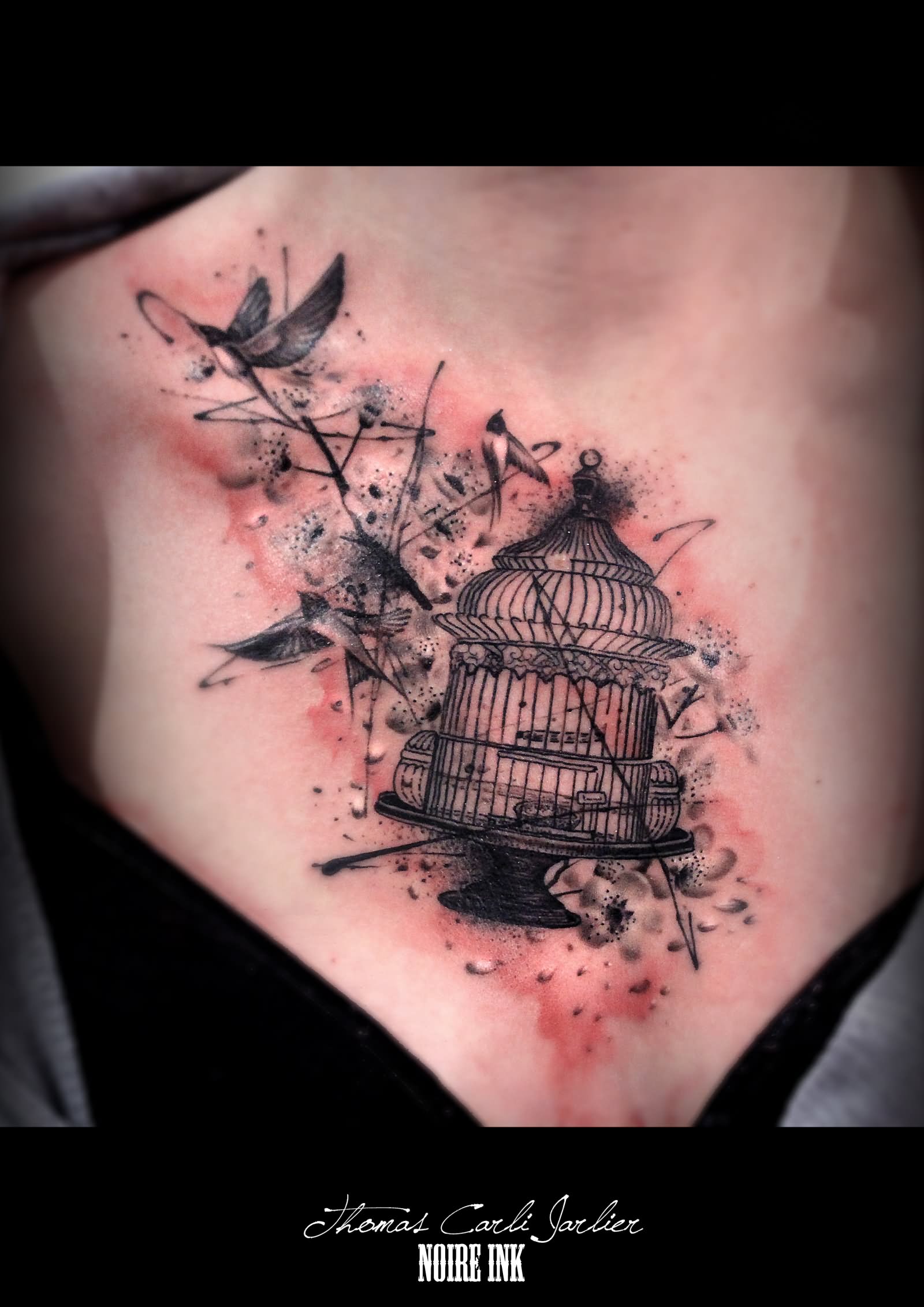 Amazing Cage Tattoo On Collarbone