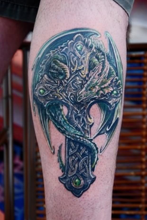 Amazing Celtic Cross With Gothic Dragon Tattoo Design For Leg Calf By Litos