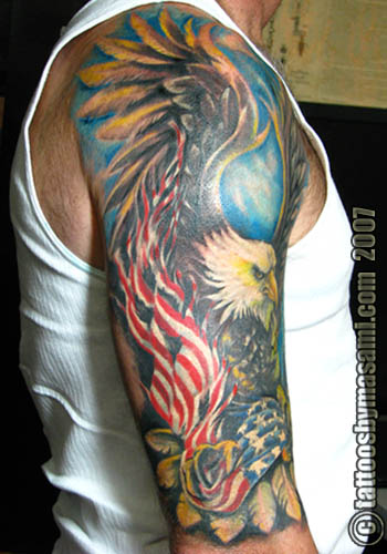 Amazing Eagle With USA Flag Tattoo On Man Right Half Sleeve