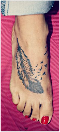 Amazing Feather With Flying Birds Tattoo On Girl Right Foot
