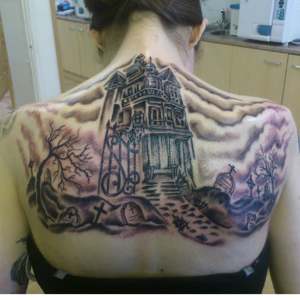 Amazing Grey Ink Haunted House Tattoo On Upper Back