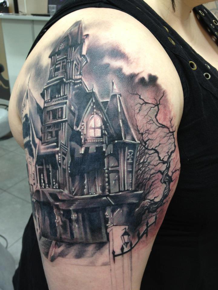 Amazing Haunted House Tattoo On Right Shoulder