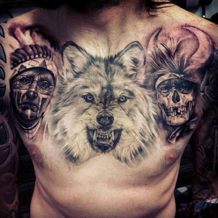 Amazing Indian Chief And Skull With Wolf Tattoo On Man Chest By Harley Kirkwood