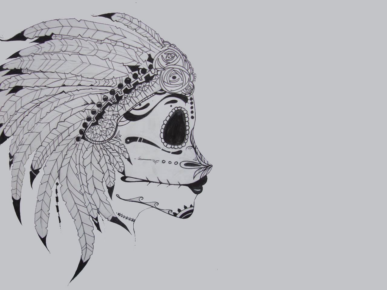 Amazing Indian Chief Girl Skull Head Tattoo Design