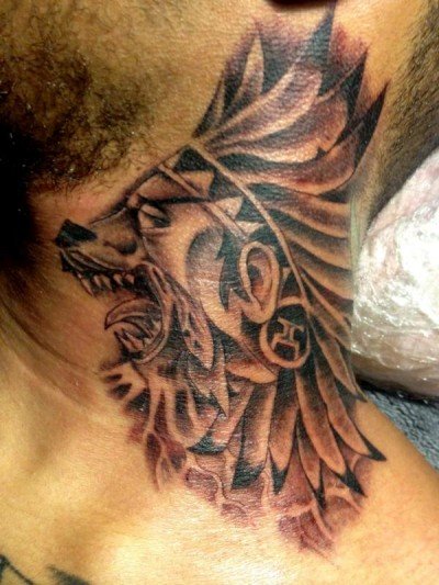 Amazing Indian Chief Wolf Tattoo Design For Side Neck