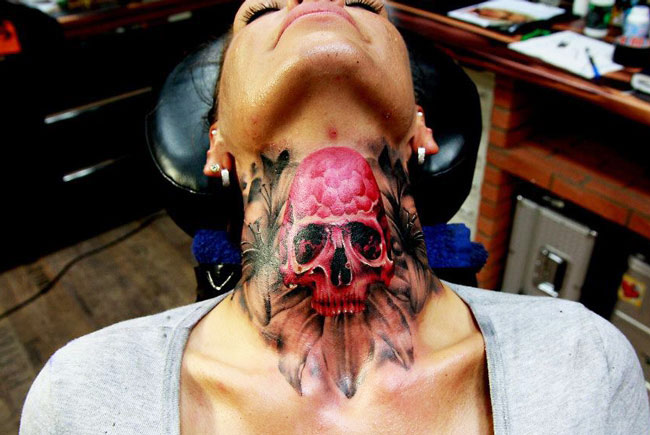 Amazing Skull Tattoo On Girl Neck