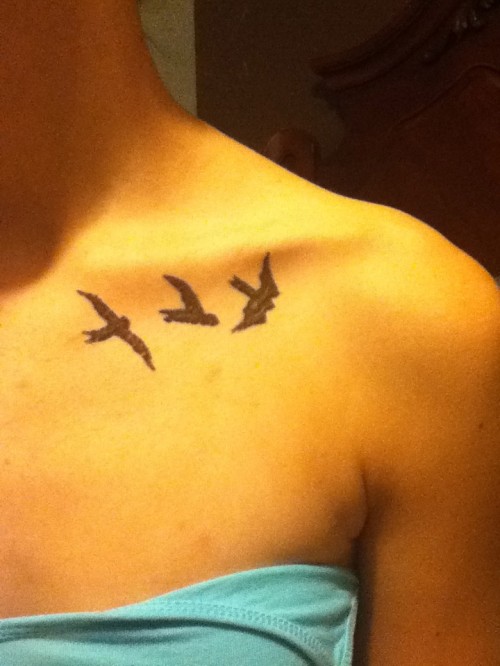 Amazing Three Flying Birds Tattoo On Left Collar Bone