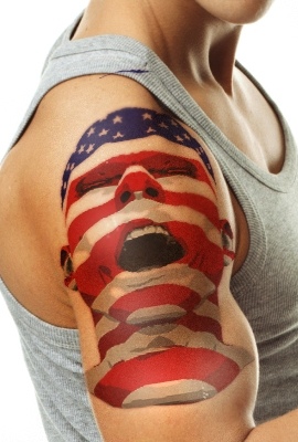 American Flag Face Tattoo On Man Right Shoulder