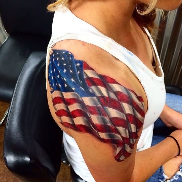 American Flag Tattoo On Girl Right Shoulder