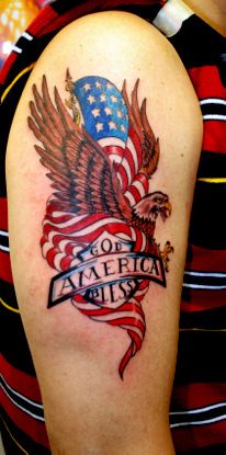 American Flag With Flying Eagle Tattoo On Right Half Sleeve