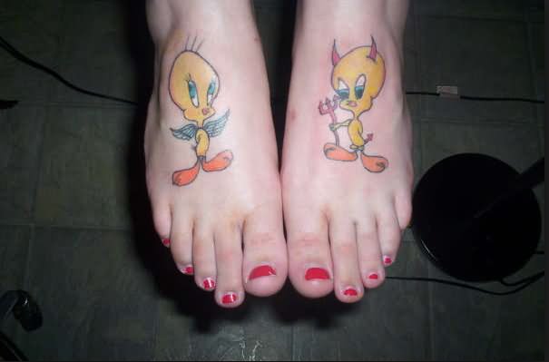 Angel And Devil Tweety Bird Tattoo On Girl Feet