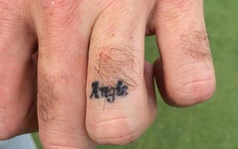 Angle Lettering Ring Tattoo On Finger