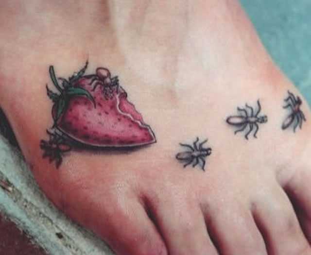 Ants Eating Strawberry Tattoo On Right foot