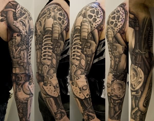 Attractive 3D Biomechanical Tattoo On Man Right Full Sleeve By Monki Do