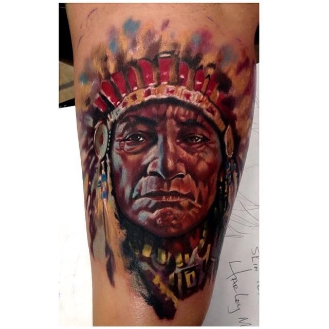 Attractive 3D Indian Chief Face Tattoo Design For Sleeve