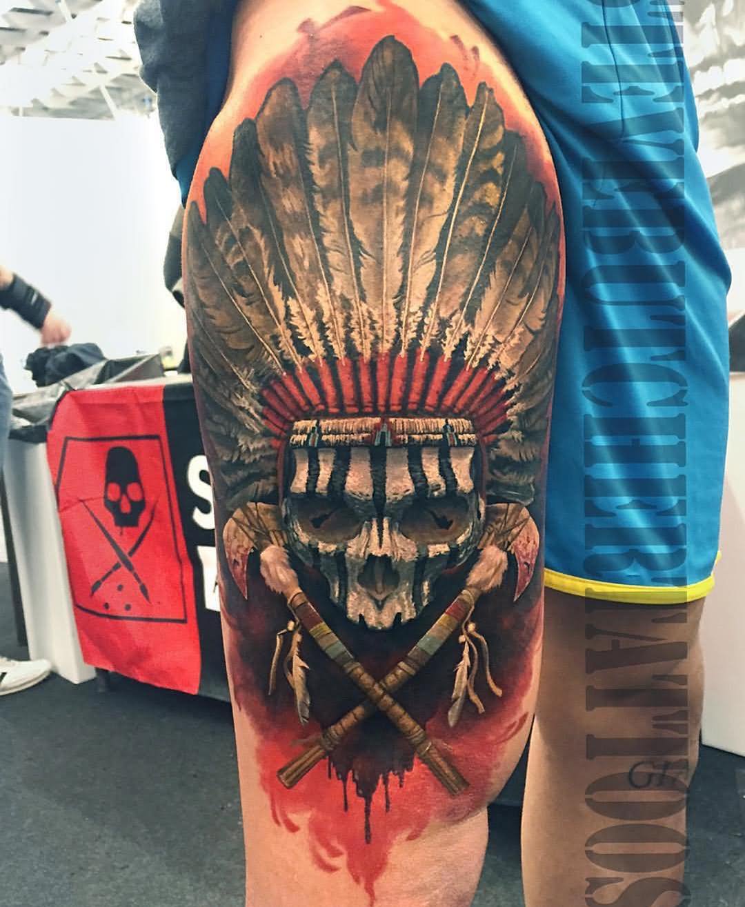 Attractive 3D Indian Chief Skull Head Tattoo On Right Thigh