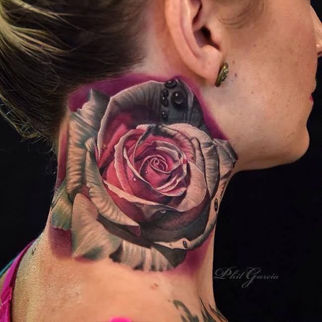 Attractive 3D Rose Tattoo On Girl Side Neck