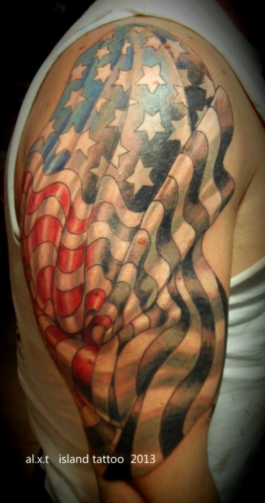 Attractive American Flag Tattoo On Man Right Half Sleeve