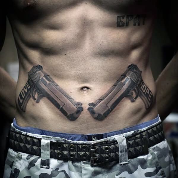 Attractive Black And Grey Two Gun Tattoo On Man Stomach