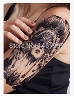 Attractive Black Ink Indian Chief Female Tattoo On Girl Left Half Sleeve