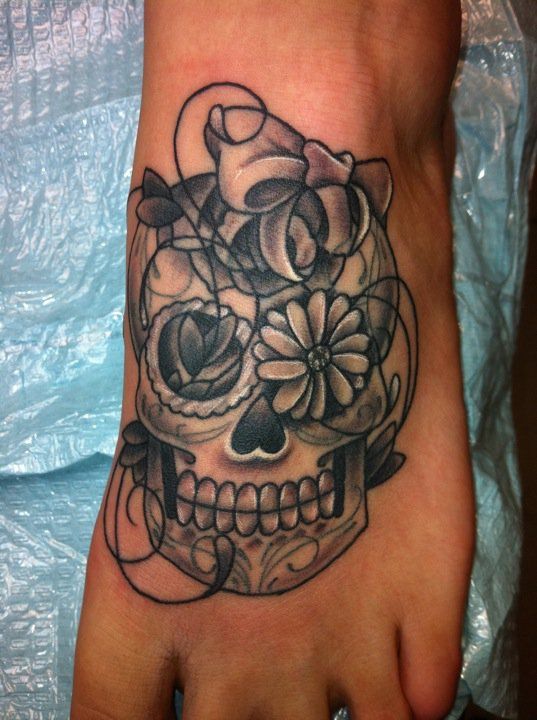 Attractive Black Ink Skull Tattoo On Foot