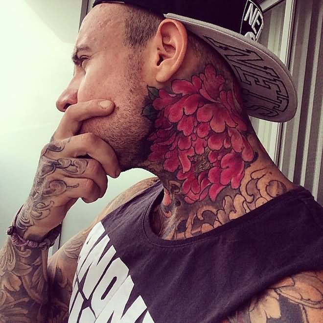 Attractive Flowers Tattoo On Man Side Neck