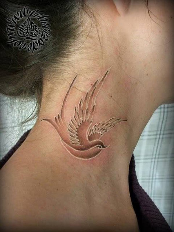 Attractive Flying Bird Tattoo On Girl Side Neck