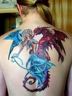 Attractive Gothic Dragon With Angel Tattoo On Back