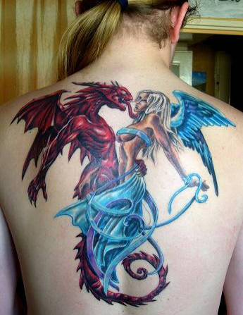 Attractive Gothic Dragon With Angel Tattoo On Full Back