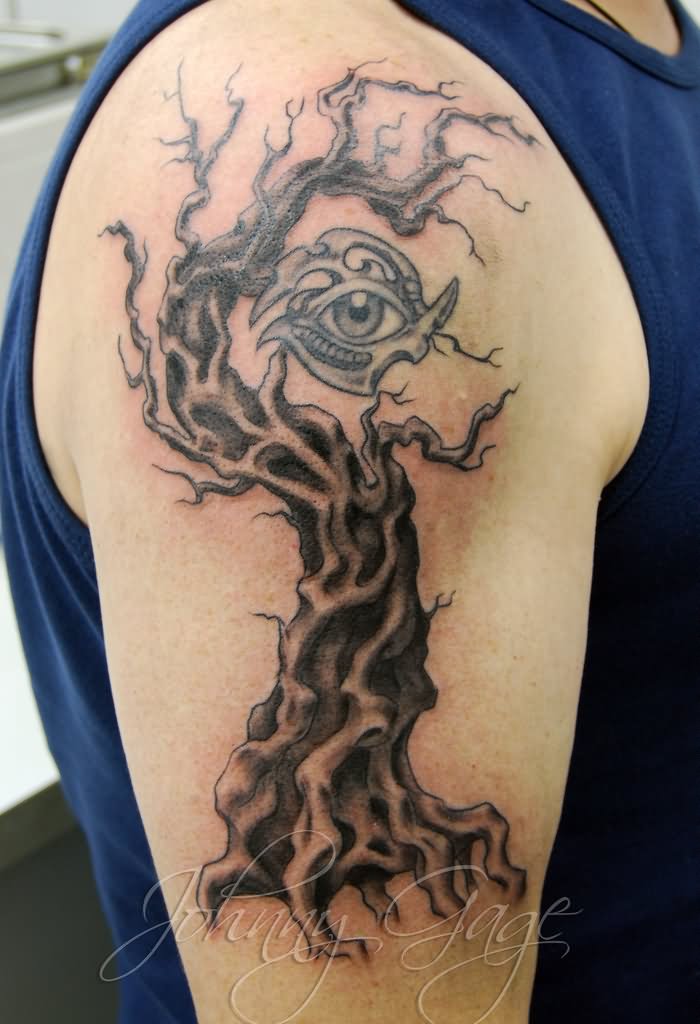 Attractive Gothic Tree With Eye Tattoo On Man Right Half Sleeve By Johnny Gage